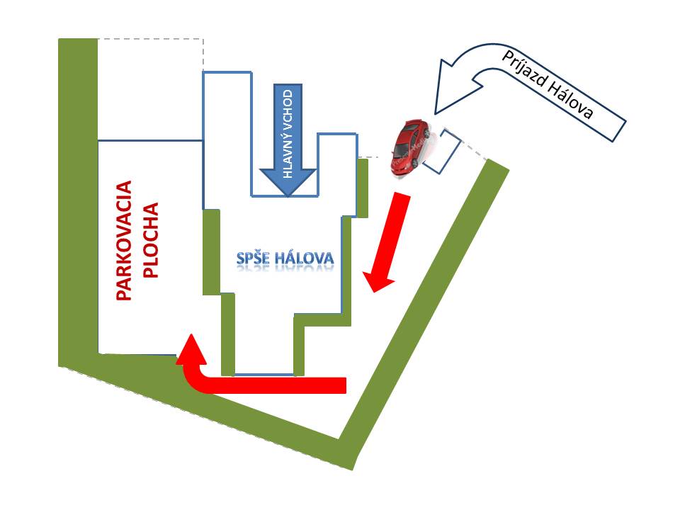 Mapa  SPŠE Hálova, Parkovacia Plocha, Príjazd a hlavný vchod