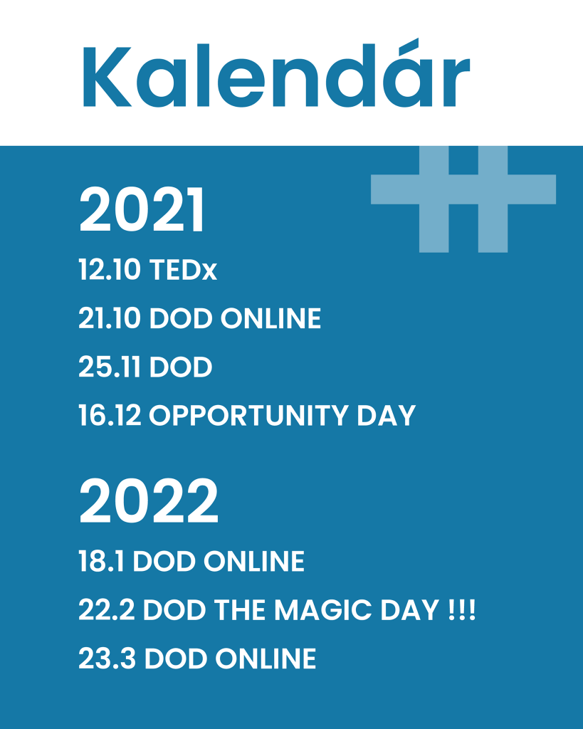 Kalendár DOD: 2021 12.10 TEDx 21.10 DOD ONLINE 25.11 DOD 16.12 OPPORTUNITY DAY 2022 18.1 DOD ONLINE 22.2 DOD THE MAGIC DAY !!! 23.3 DOD ONLINE